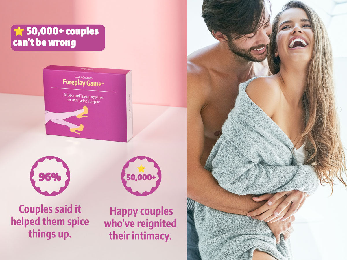 happy, playful couple having a moment, they are smiling, and in love, the other half depicts how many couples have bought the foreplay game