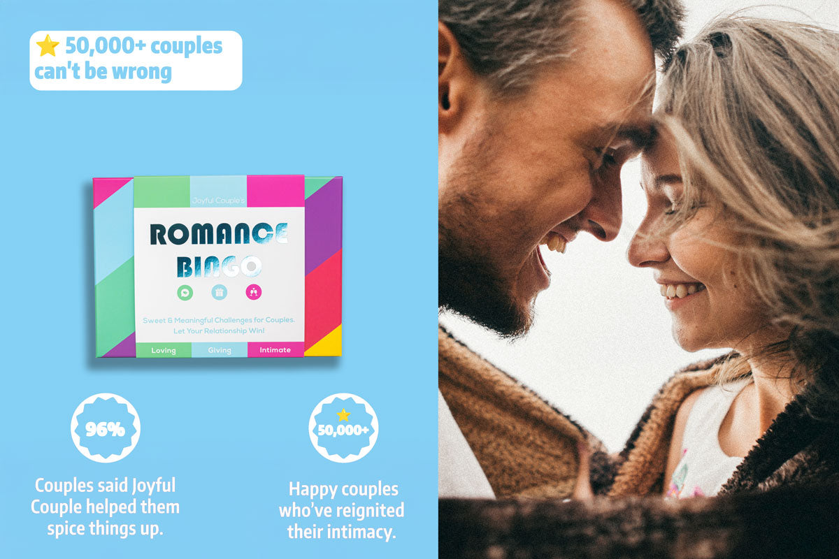 romance bingo - a meaningful game for couples, with social proof and a couple representing the image