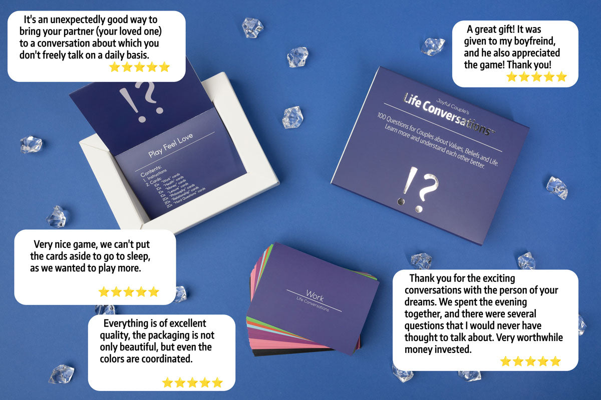 joyful couple's life conversations - conversation starter game for couples to boost intimacy and connection, with 5 star reviews, blue background