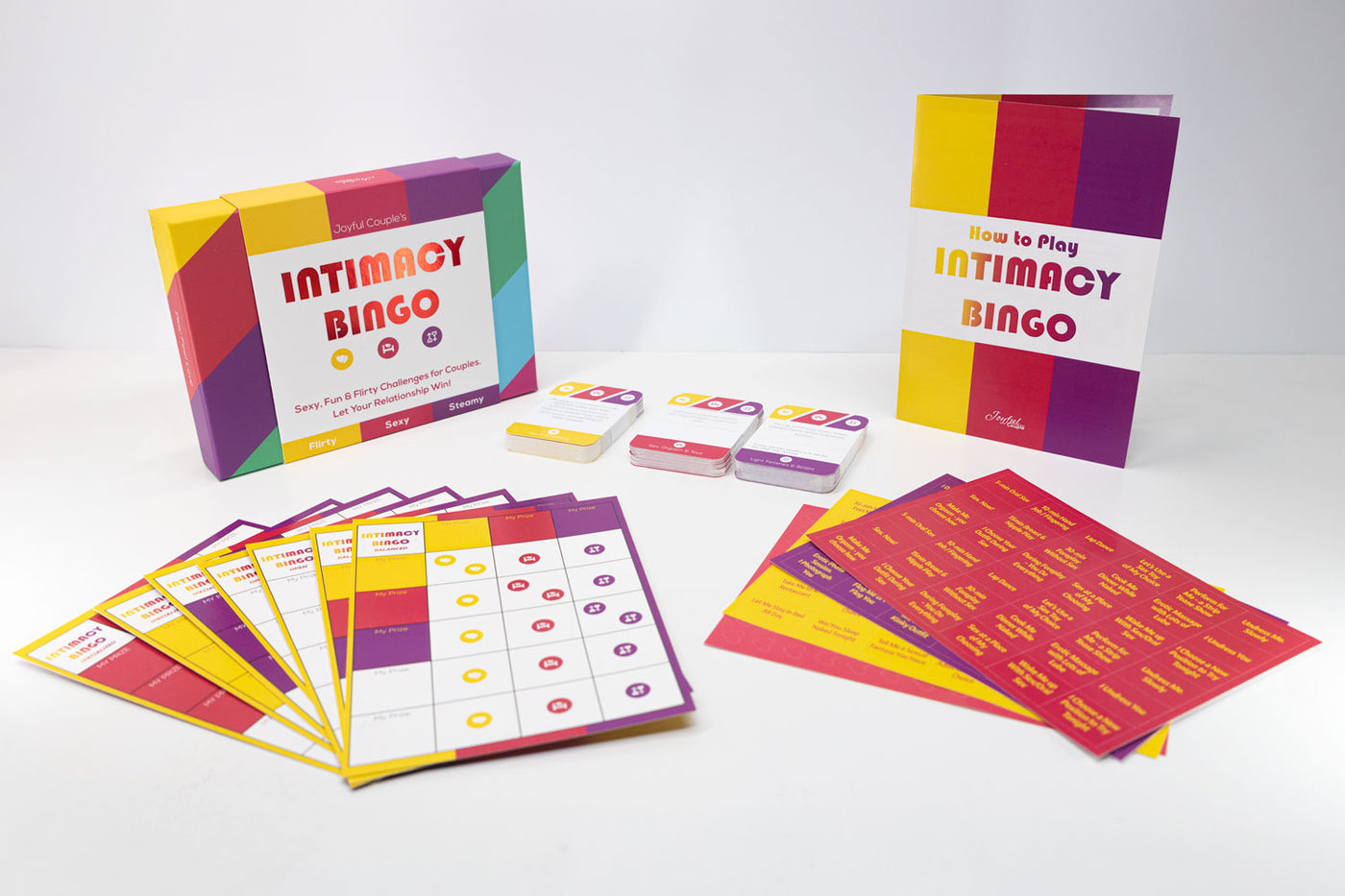 Joyful Couple's Intimacy Bingo, intimate sex card game for couples, game contents on a white background