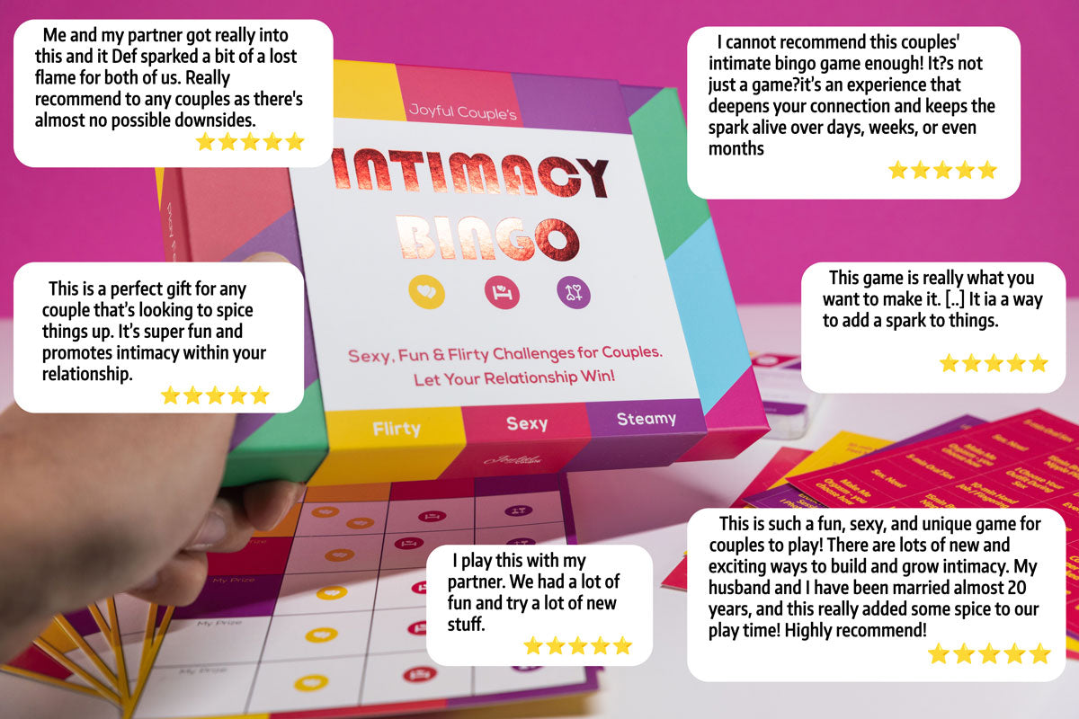 joyful couple's intimacy bingo with 5-star reviews highlighted