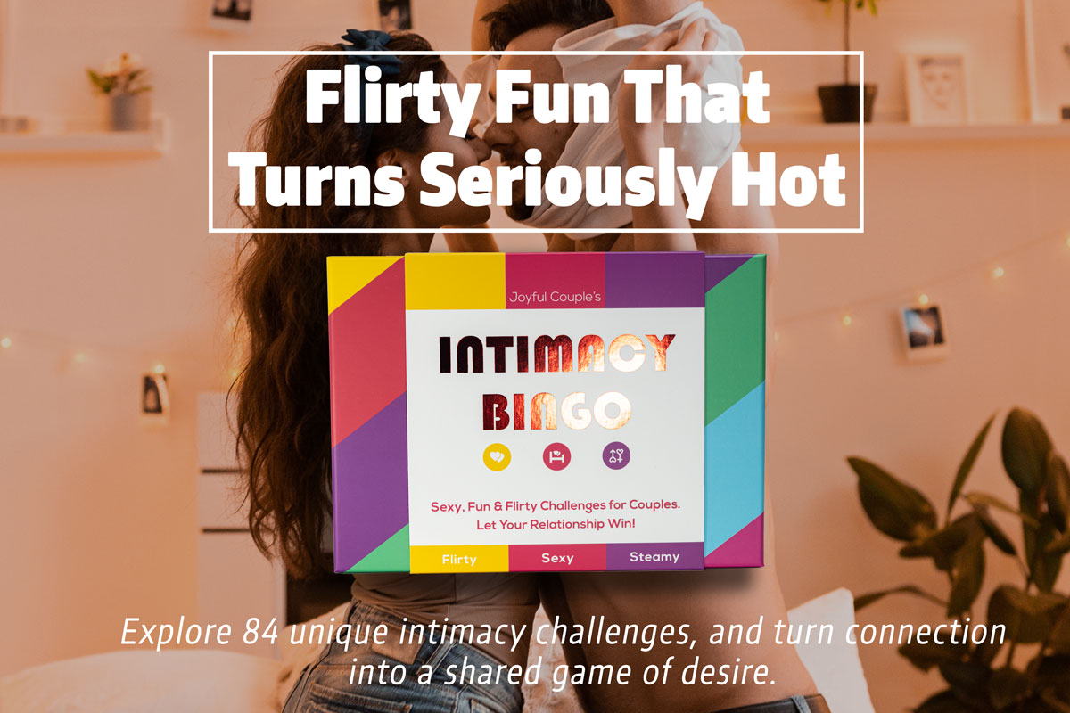 Intimacy bingo by joyful couple, hero image with headline and a hot couple in the background