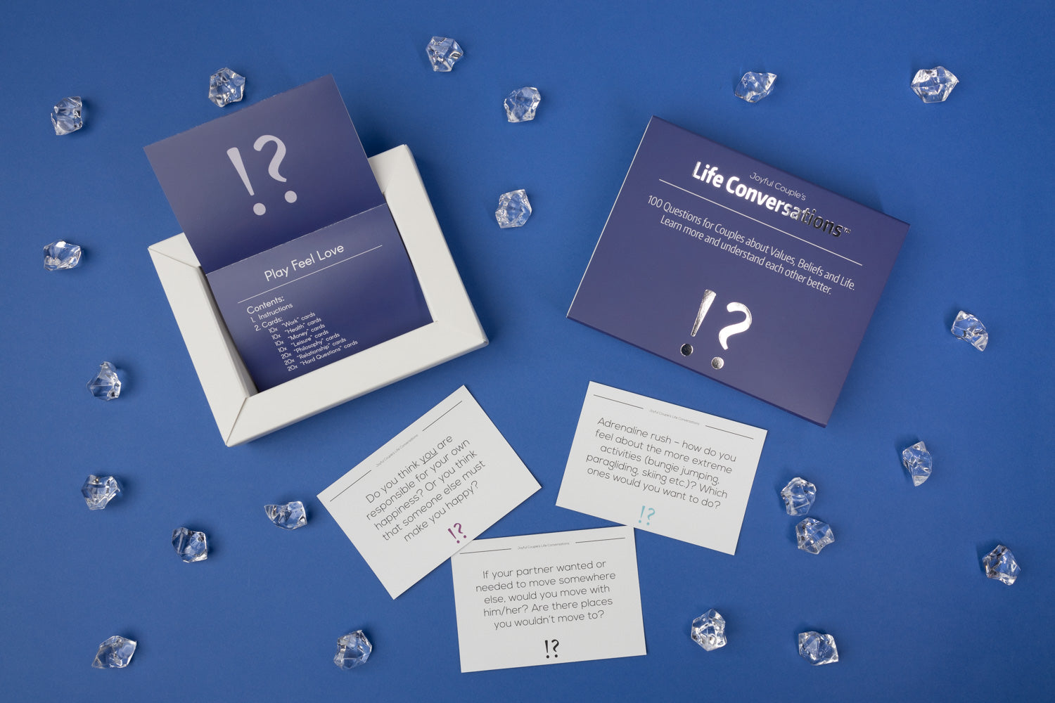 joyful couple's life conversations with example cards, blue background