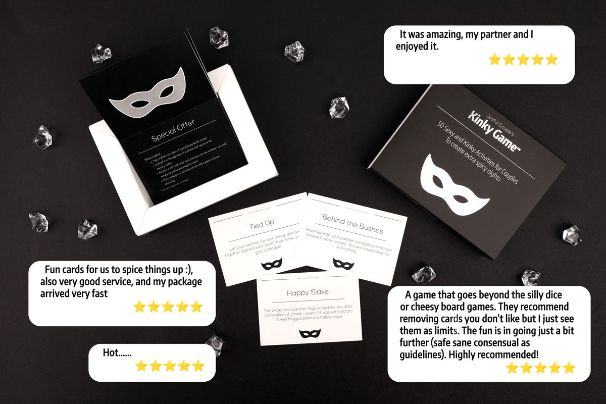 joyful couple's kinky game for couples, black background, three example cards, review texts