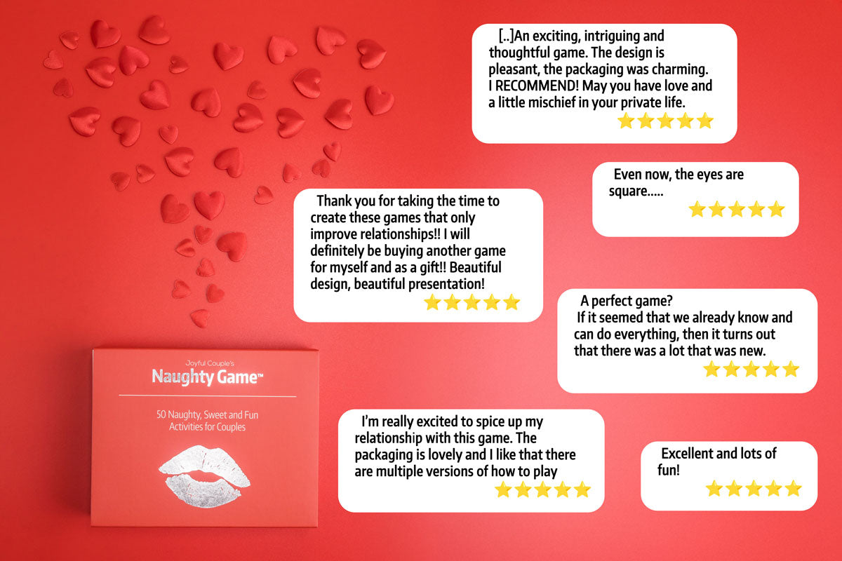 joyful couple's naughty game with five star reviews, red background