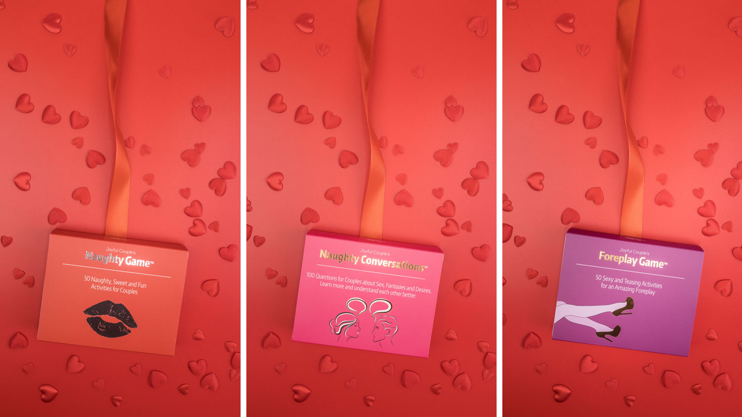 joyful cople's spicy and raunchy games for couples, on a red background with red hearts