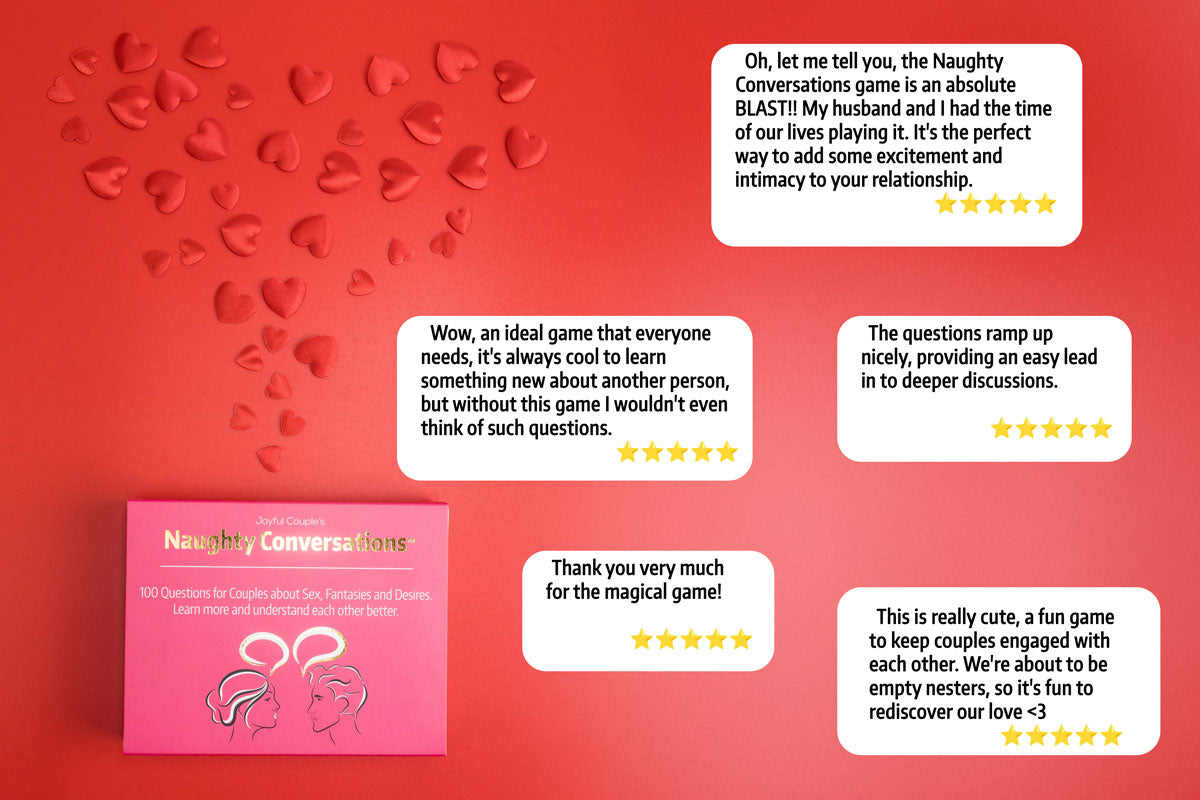 joyful couple's naughty conversations for couples, card game with 100 intimate prompts, five star reviews, red background with red hearts