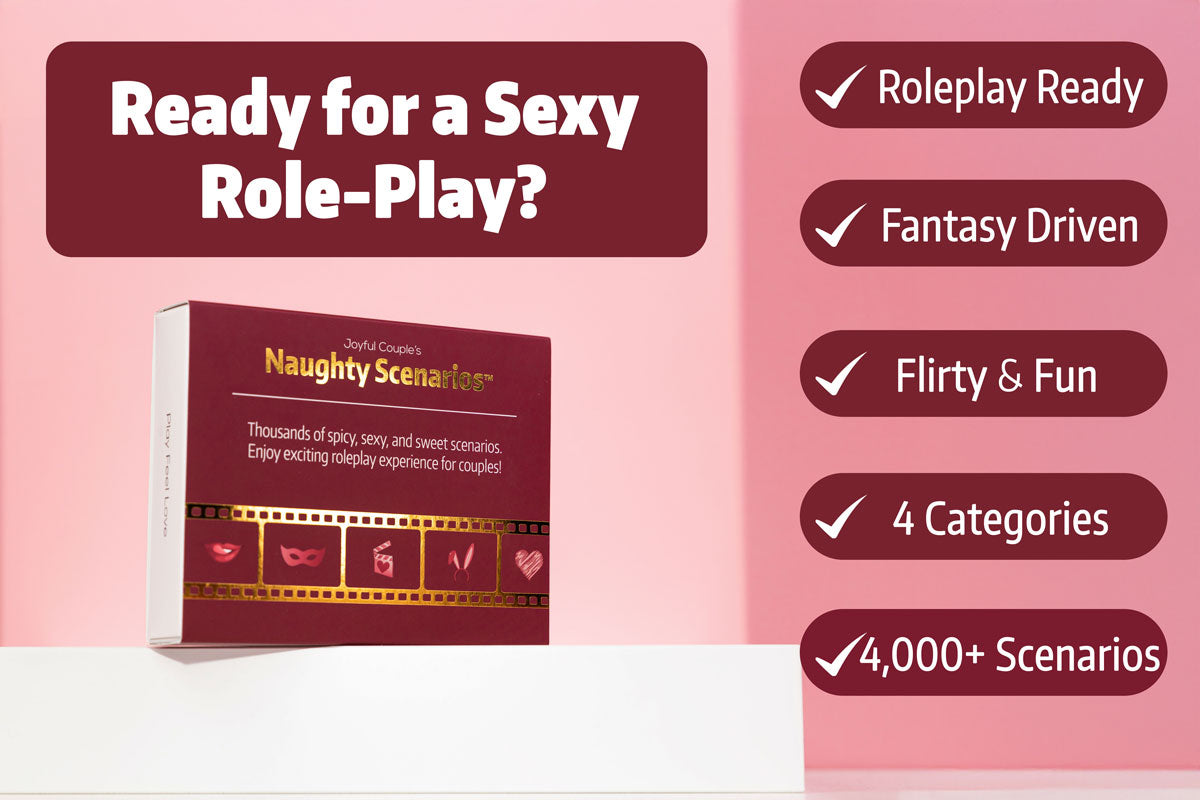 naughty scenarios by joyful couple, a sexy role play game for couples for beautiful and fun relationships, benefits and reasons to play, pink, white background