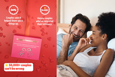 naughty conversations by joyful couple, a question card game for couples benefits and a couple smiling while sitting in bed