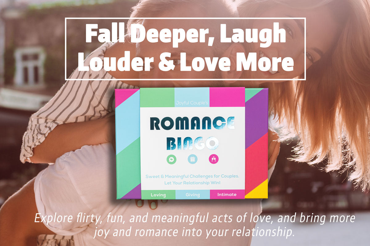 romance bingo hero image with a headline and sub headline, it's a couple's card game with meaningful and loving activities for couples