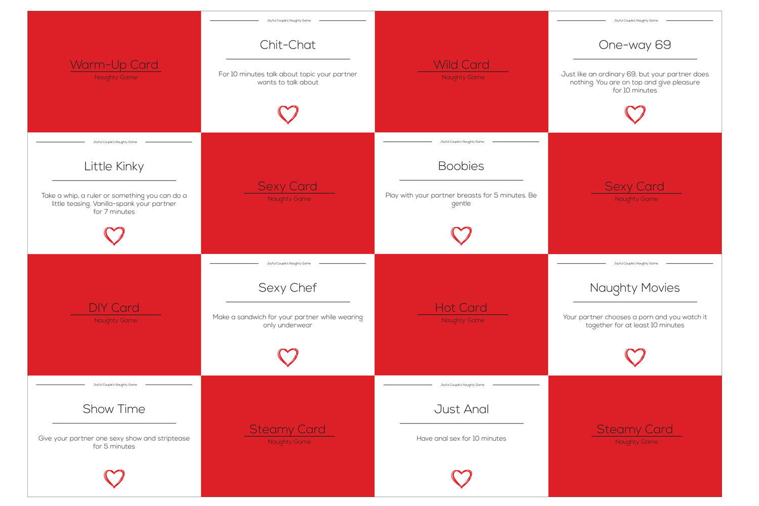 Joyful Couple's Naughty Game for Couples. Card examples.